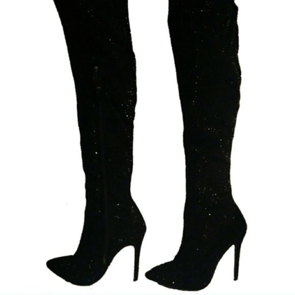 C - BELLA LUNA 7.5 BLACK RHINESTONE SPARKLY BOOTS OTK holiday party womens - Picture 3 of 11